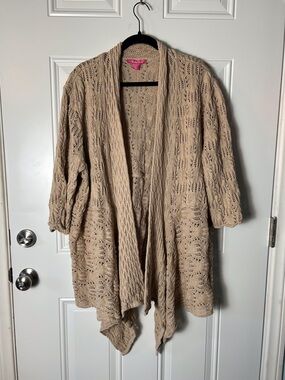 Woman Within Tan Open-Front Crochet Cardigan Waterfall Boho 4X Neutral 3/4 Sleev